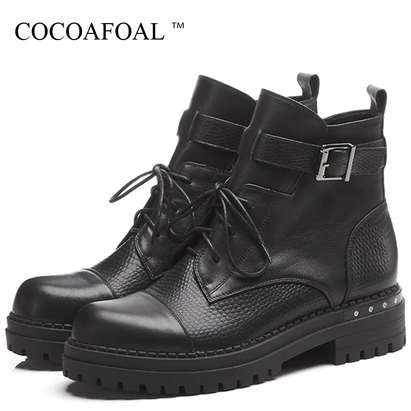 

COCOAFOAL Women's Gothic Shoes Genuine Leather Woman Motorcycle Boots Lace Up Winter Ankle Boots Black Rhinestone Chelsea Boots