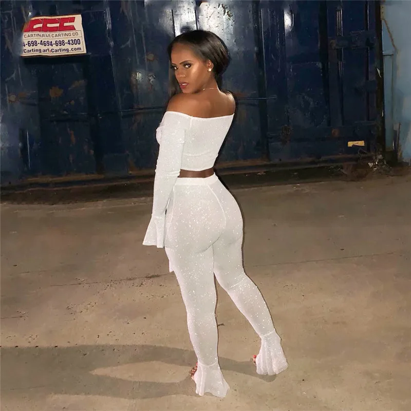 Cena Adogirl błyszczące srebro drut dwuczęściowy zestaw krawat łuk Off ramię długi rękaw dzwonkowy krótki top Skinny spodnie flare wysoka rozciągliwość strój