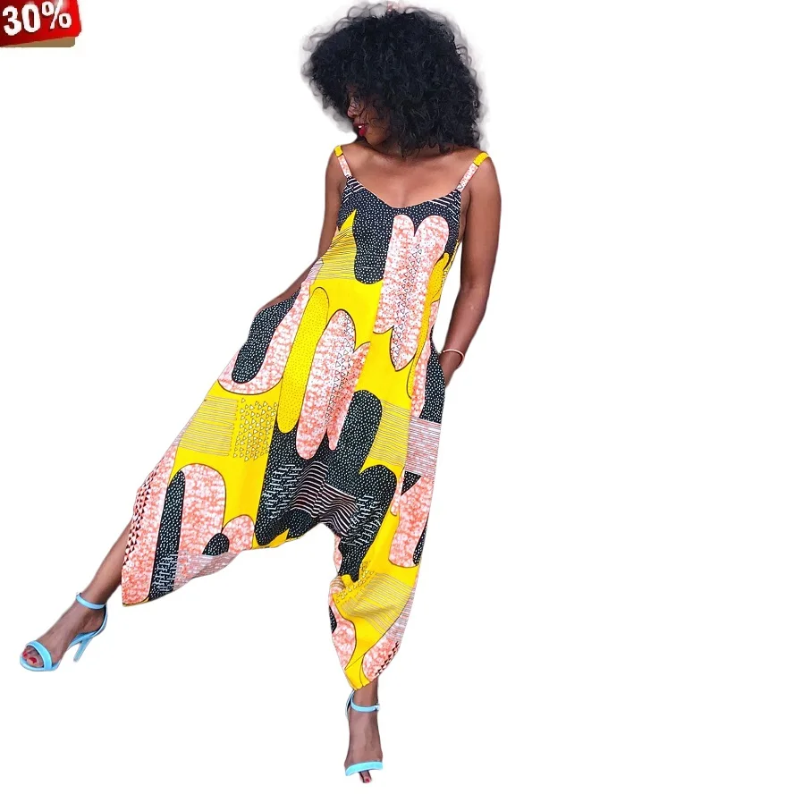 Women African Print Jumpsuit Women Summer Spaghetti Strap Sleeveless Haren Long Jumpsuit Bohemian Romper Fashion Playsuit