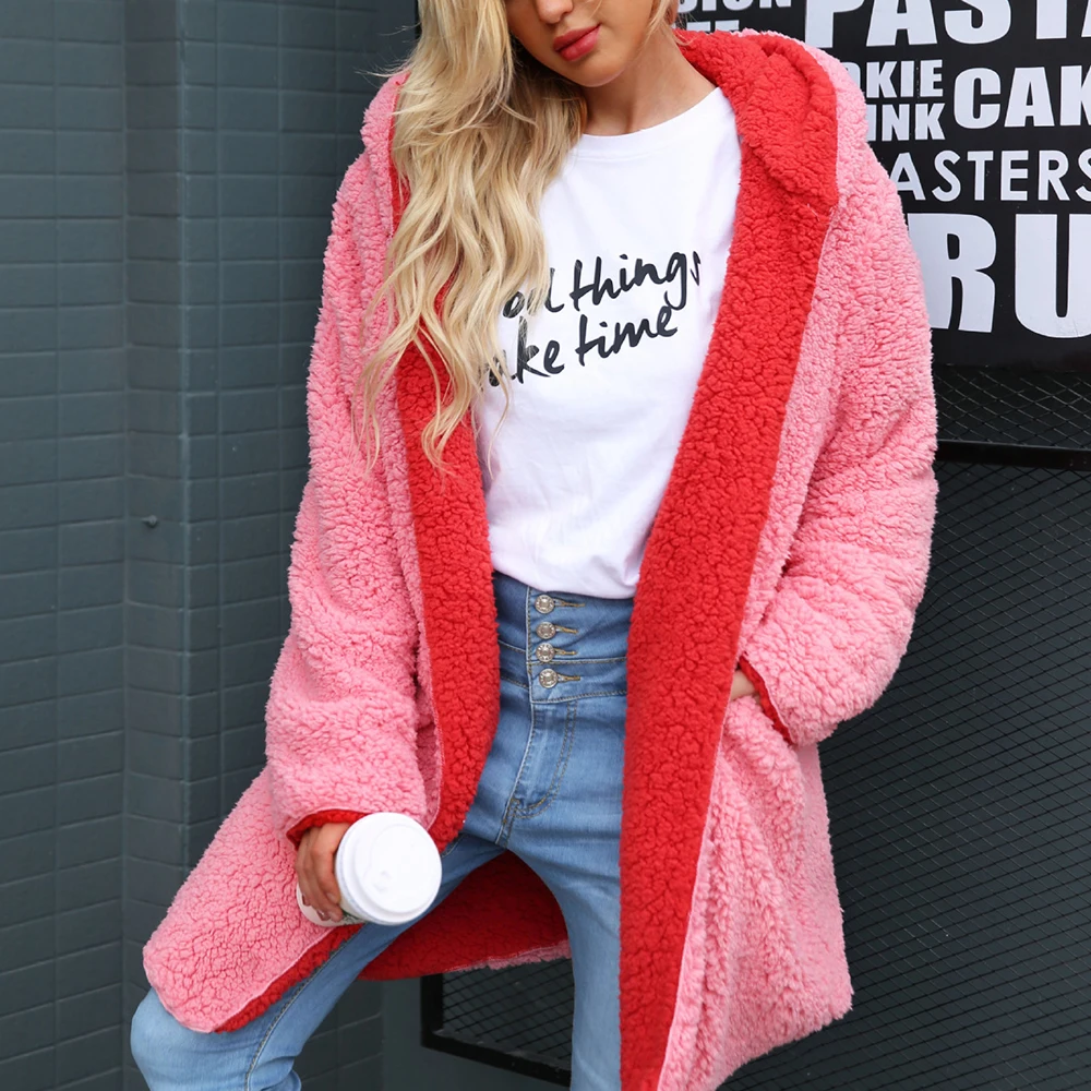 

Autumn Winter Women Fashion Hooded Long jackets Faux Fur Coats female Warm Plush Outerwear Contrast on both sides zipper jacket