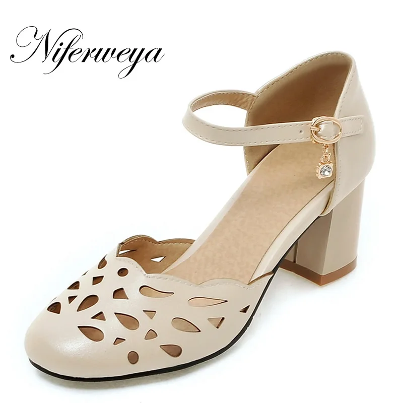 

New big size 33-45 women pumps Spring/Autumn fashion Cut-Outs ladies shoes Buckle Strap Thick heel high heels zapatos mujer