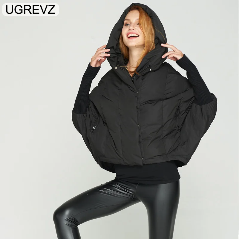UGREVZ 2018 New Winter Fashion Loose Short Women Coat Bat Sleeve Cloak Hooded Women Parkas Solid Color Wild Coat Coats