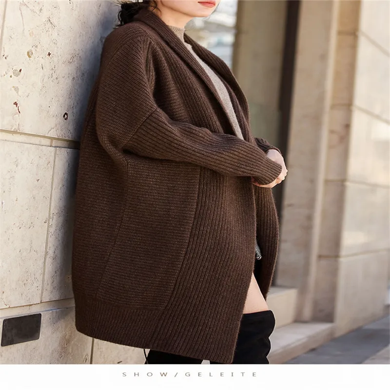 High-end heavyweight autumn and winter new thick cashmere knit cardigan coat simple lazy fashion loose wool knit jacket female