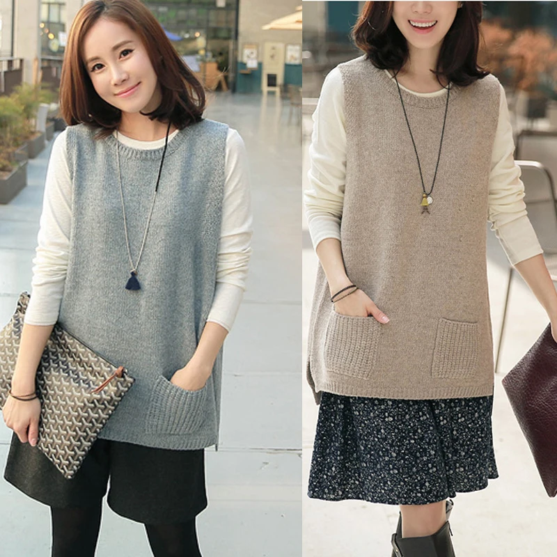 

ATTYYWS Spring Autumn New Cashmere Knitting Wool Pocket Pullover Women Vest Back with Button Female Loose Vests Free Shipping