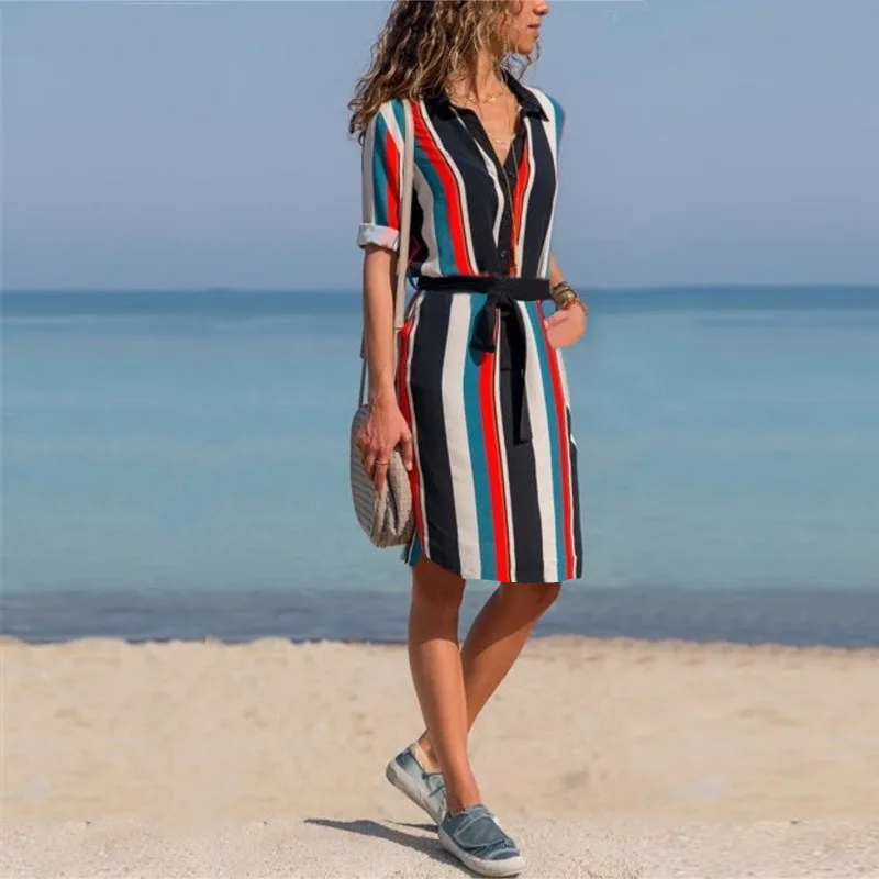 Women Striped Shirt Dress Ladies Casual Long Sleeve Loose Beach Dresses