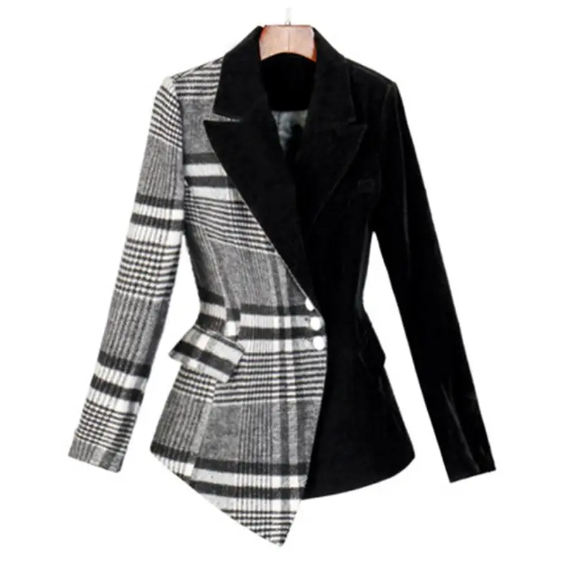 

Fashion plaid woolen suit spring new professional retro plaid velvet business small suit short jacket female women Blazers women