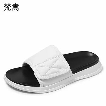 

slippers men magic sticker thick-soled sandals open-toed anti-skid one word drag fender summer men genuine leather slippers