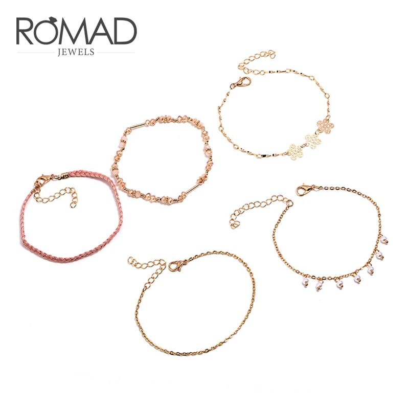 

ROMAD 5pcs/set Pearl Pendant Bracelet Flower Charm Bracelet Rope Braided Bohemia Style Bracelets For Women Jewelry R4