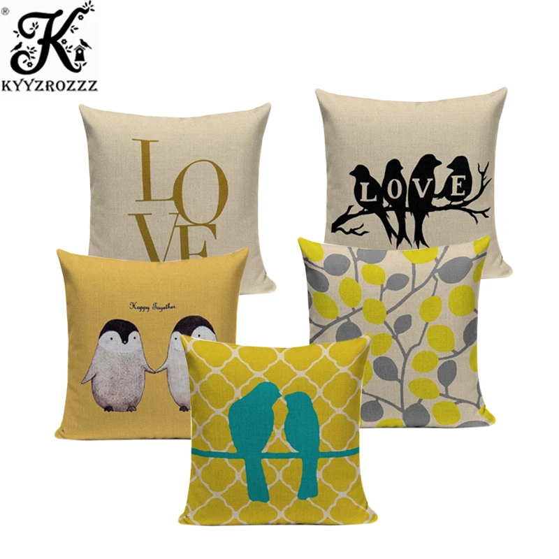 

Fashion Yellow Color LOVE Bird Cushions Cover Heart Home Decor Linen Cotton Pillow Cover Decorative Throw Pillows Pillowcase