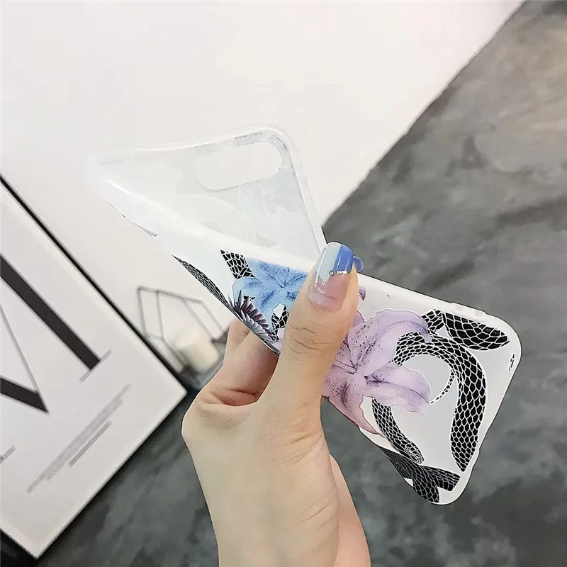 LUDI Retro 3D Floral Rose Snake Phone Case for iPhone 7 7Plus Soft TPU Phone Bag for iPhone X 6 6s 8 Plus Flower Back Cover     9