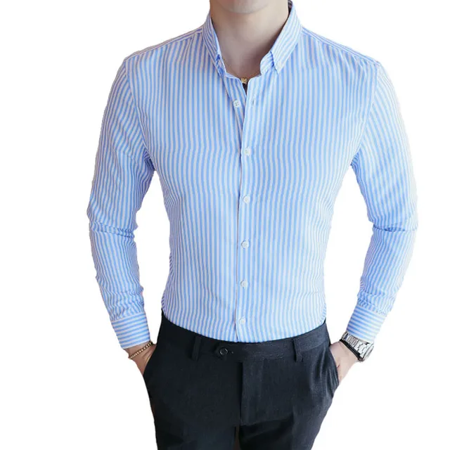 summer men Multi Striped Dress Shirt long sleeve Slim Cotton Formal Shirt Man white Black Vertical stripe Office leisure Clothes