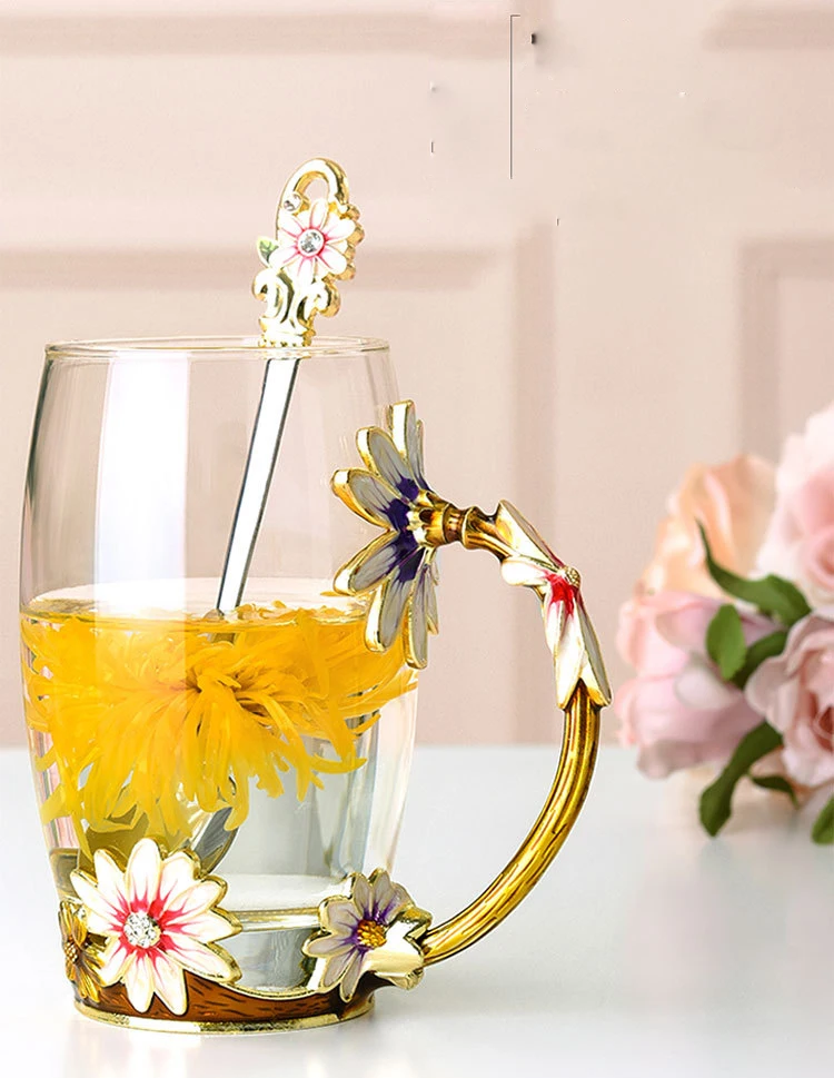 Single Layer Daisy Glass Cup Flower Tea Juice Milk Coffee Glass Cup for Home Restaurant in Cold and Hot Drink