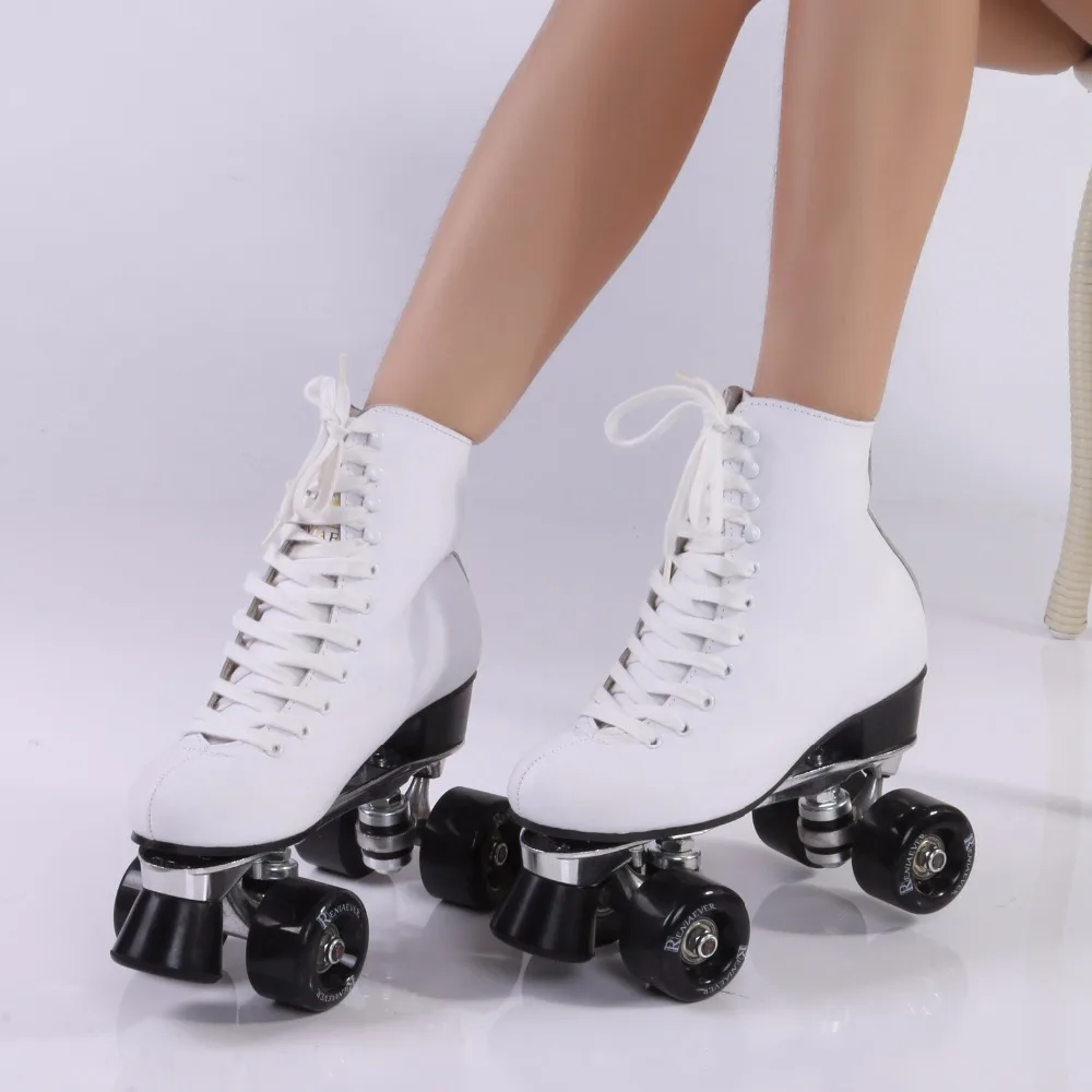 صف مزدوج تزلج إطارات بولي يوريثان مزدوجة زلاجات دوارة الحقيقي أحذية عالية الساق من الجلد الألومنيوم لوحة ، الأبيض شحن مجاني