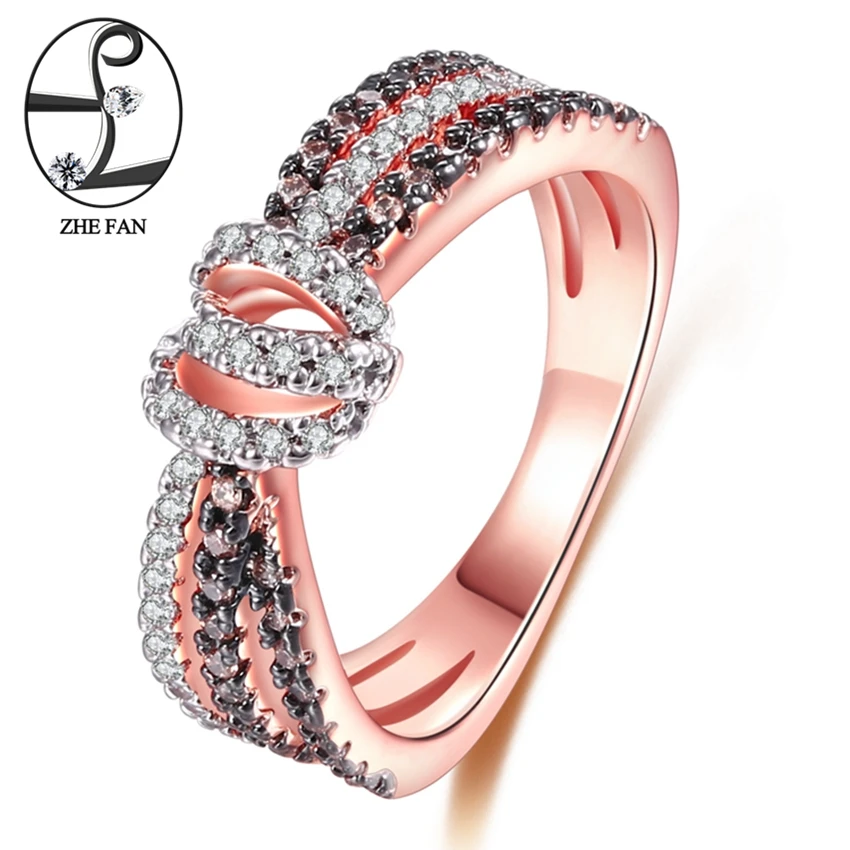 

ZHE FAN Love Knot Women Engagement Wedding Ring Rose Gold Color Plated Coffee White AAA Cubic Zirconia Romantic Jewelry 3 Tone