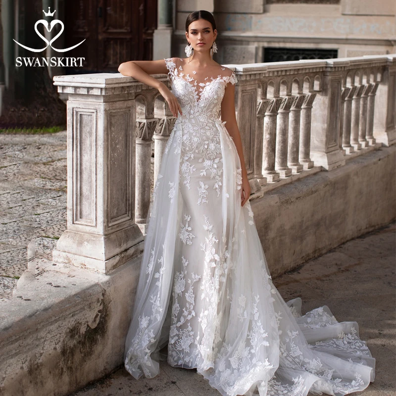

Wedding Dress Detachable Train Swanskirt Appliques Lace Mermaid Sweetheart vestido de novia Princess Bridal Gown Plus Size K149