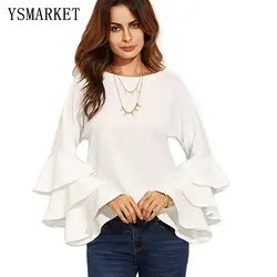 YSMARKET Для женщин Повседневное блуза с рукавами-клеш блузка рубашка рябить женские осенние Топы с длинными рукавами и круглым вырезом