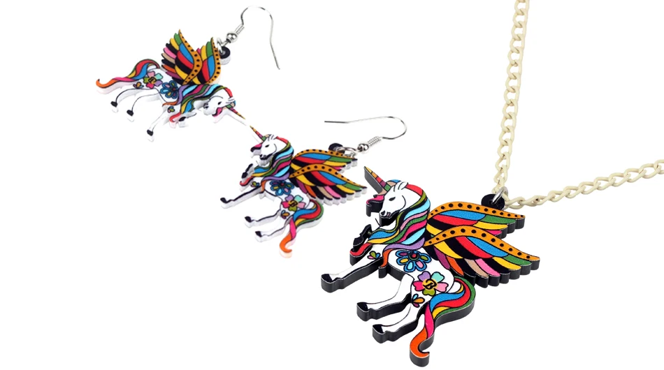 Bonsny акриловые цветочные Холли Летающая лошадь серьги в виде единорогов Ожерелье Ювелирные наборы для женщин девочек подарок для подростков Модные аксессуары