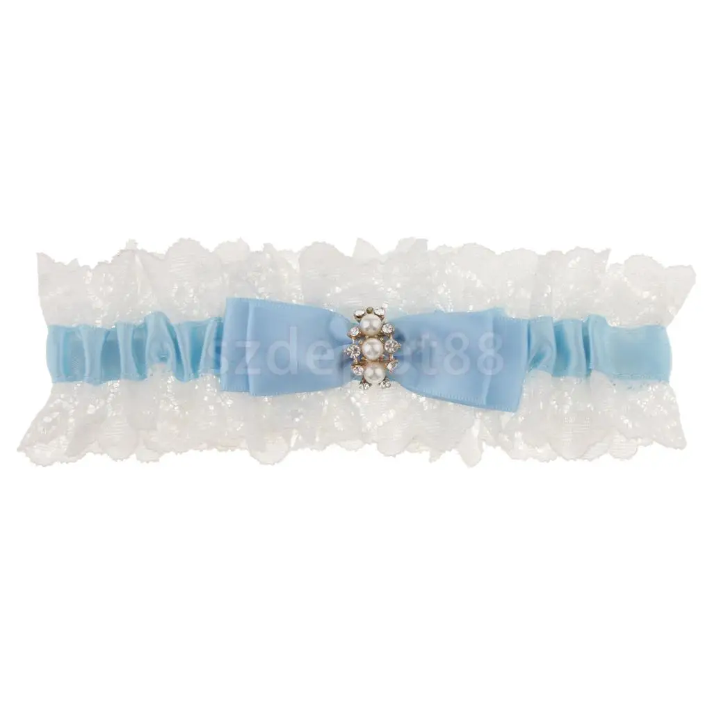 Wedding Bridal Lace Garter Pearls Rhinestone Satin Bow Thigh Ring Keepsake &Toss White and Blue