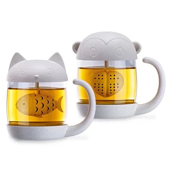 

Creative Transparent Glass Tea Mug with filter Cute Cat Monkey Heat Resistant Tea Cup Office Water Drinkware Couples cup
