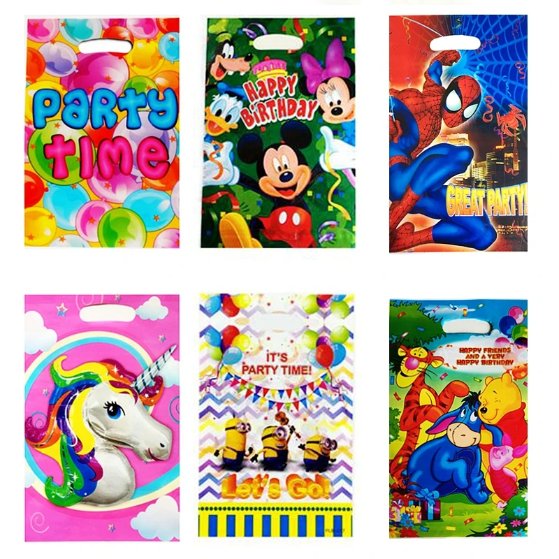 

10pcs Cartoon Gift Bag Superhero Spiderman Unicorn Mickey Mouse Winnie the Pooh Child Birthday Party Cake Cookie Plastic Bags