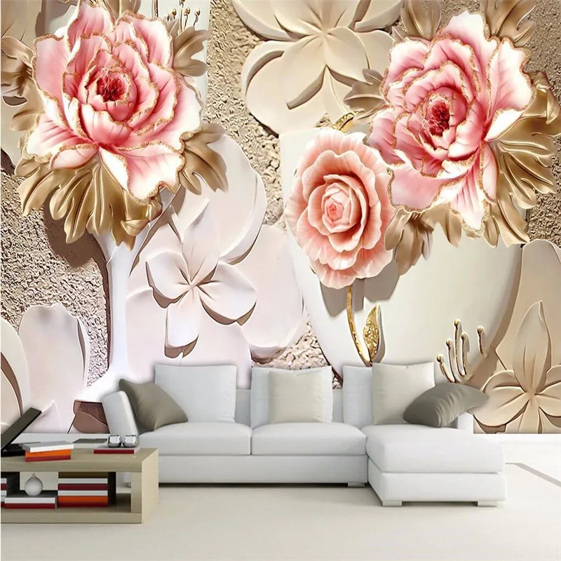 Large-Painting-Home-Decor-Embossed-white-peony-flowers-Hotel-Background-Modern-Mural-for-Living-Room-Murales