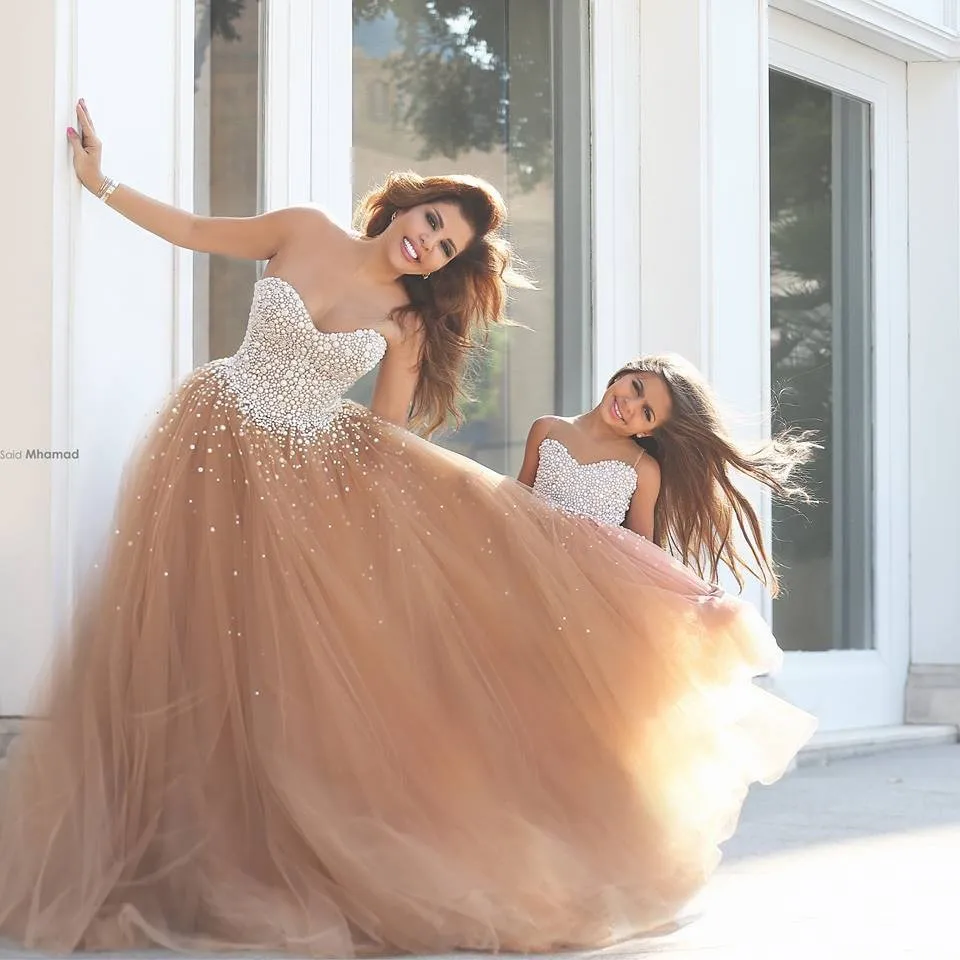 Madre e hija Sweetheart Champagne vestido De De tul con cuentas Vestidos De Baile caftán Dubai 2015 W102202|tulle flower girl dress|tulle whitetulle flower girl dress pattern - AliExpress