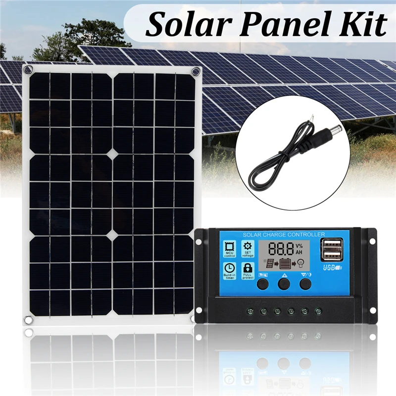 

3in1 Solar Power Panel Kit Monocrystalline USB 20W Solar Panel 12V/5V 10A PWM Solar Charger Controller 30cm DC Male Cable