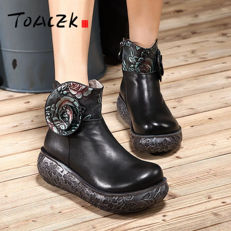 

Autumn winter new genuine leather thick bottom short boots female folk style printed leather single boots