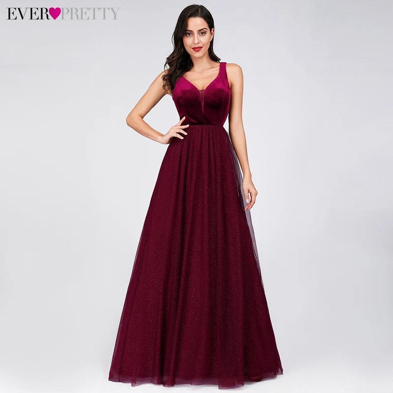 

2019 Long Evening Dresses Ever Pretty New Sexy A-line V-neck Burgundy Tulle Sleeveless Special Occasion Gowns for Wedding Guest