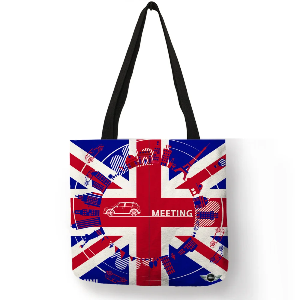 

Blue Red Color Linen Female Hand Bag English Flag with Letter Printed Shoulder Bag Double Use Casual Tote Bags Bolsa Femina