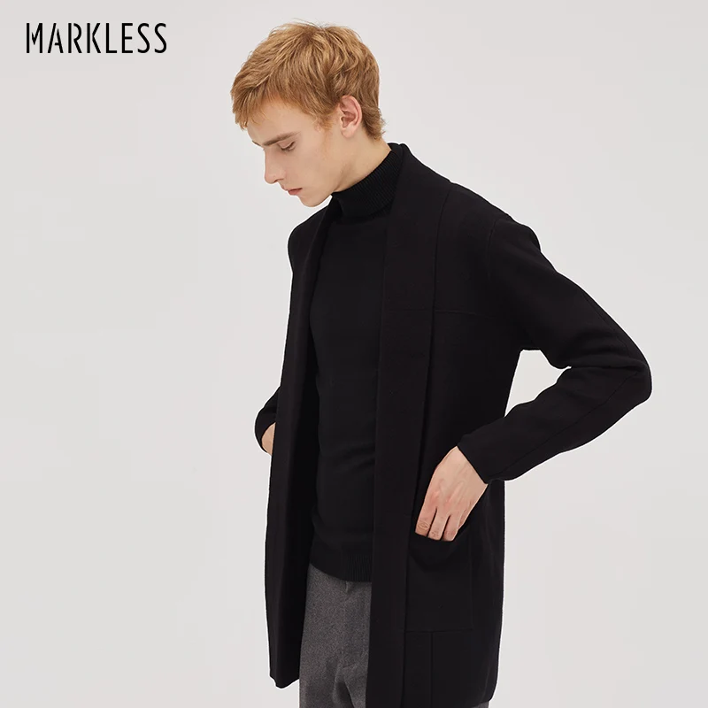Мужской длинный вязаный кардиган Markless черный плотный теплый свитер с