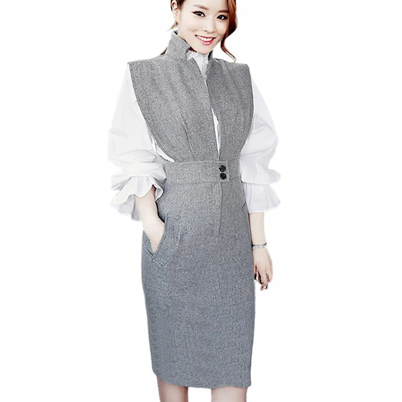 

2019 New Runway 2pcs Suit Dress Women Sets Full Flare Sleeve Ruffles Blouse Top High Waist Slim Bodycon Pencil Midi Vestidos