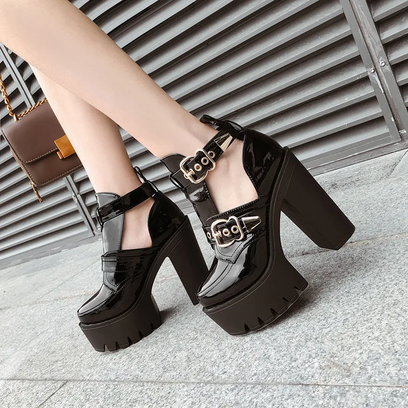 

YMECHIC 2019 Summer Dance Rock Punk Stable Block High Heels Gladiator Pumps Black Buckle Strap Platform Sandal Boot Goth Shoes