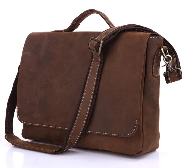

Free Shipping Crazy Horse Leather Men'S Dark Brown Briefcases Messenger Handbag #7108R-1