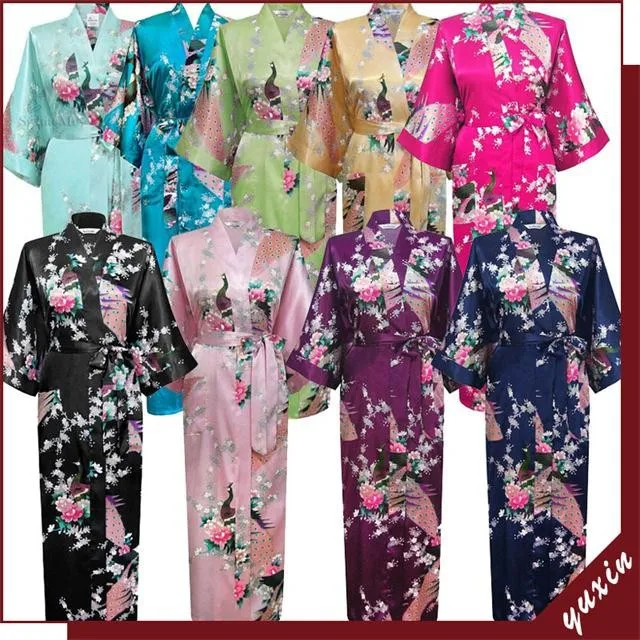 Светло-голубой Модный женский Атласный халат сексуальное женское белье длинная ночная рубашка кимоно цветок плюс размер s-xxxl
