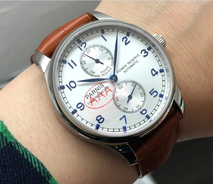 

Sapphire crystal 43mm PARNIS power reserve Automatic Self-Wind Mechanical movement silver-white dial men's watch pa91-p8