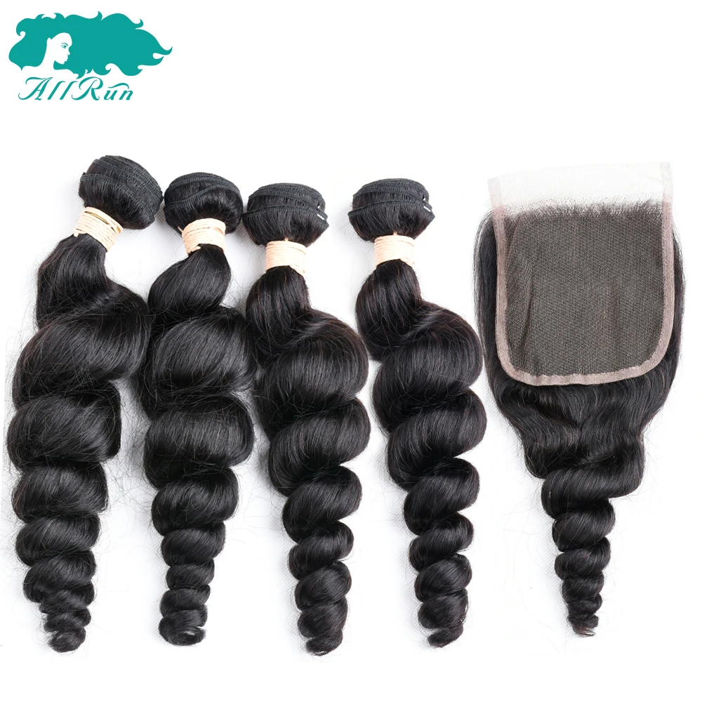 

Brazilian Hair Weave Bundles With Lace Closure 4 Pcs Loose Wave Human Hair Bundles With Closure Non Remy Allrun Hair Extension