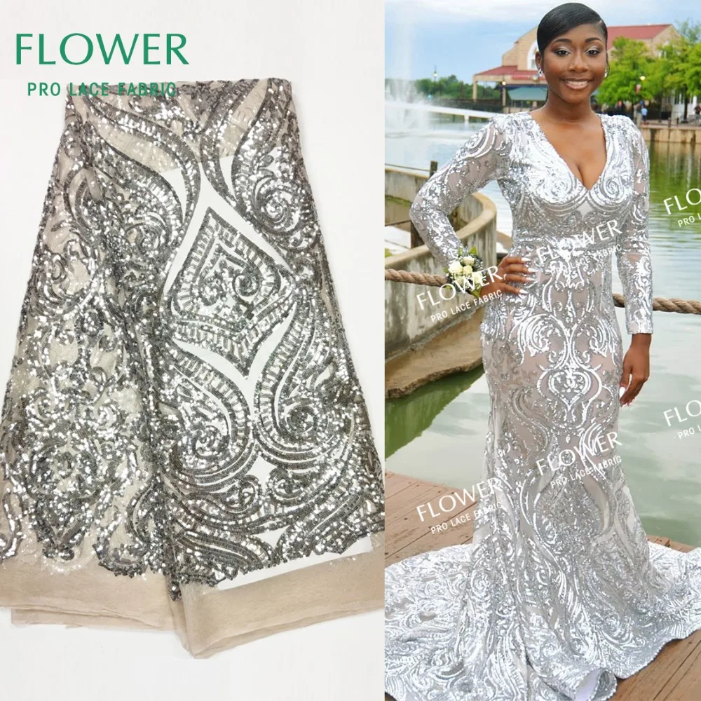 

2019 Unique Silver Sequins Net Lace Fabrics High Quality Nigerian Women Prom Bride Wedding Laces Material Sequined Guipure Laces