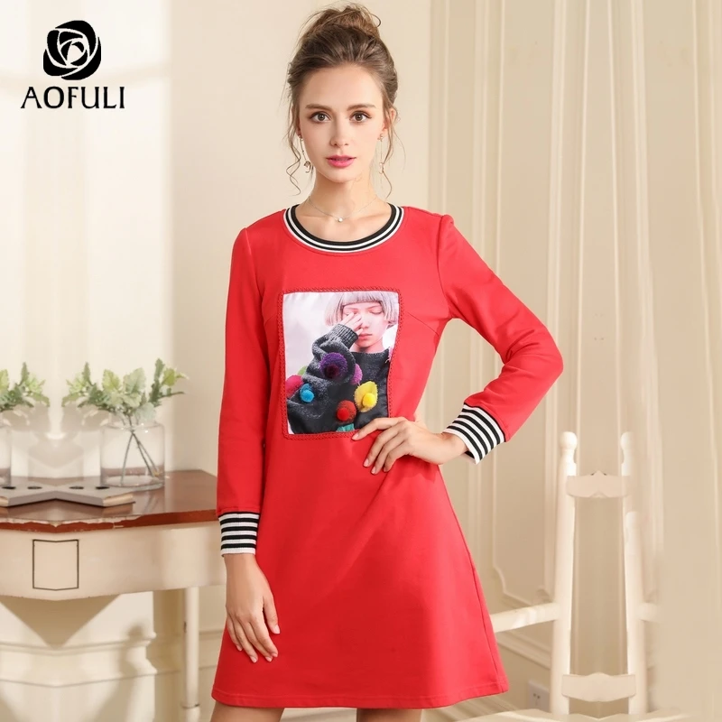 AOFULI L-XXXL 4XL 5XL красное женское хлопковое платье на осень и зиму с длинным рукавом