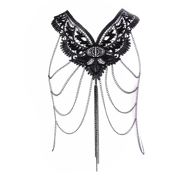 Black Lace Multi layer Tassel Body Chain Female Metal Chest Chainin