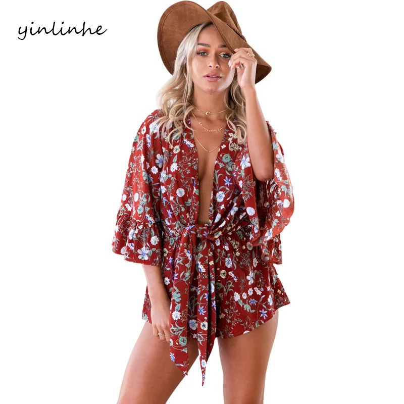 yinlinhe Lace Up Wrap Deep V neck Playsuits Women Summer