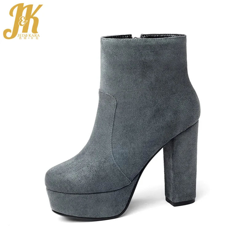 

JK 2018 Latest Thick High Heels Woman Boot Flock Platform Lady Ankle Boot Zip Women Shoes Female Winter Footwear Big Size