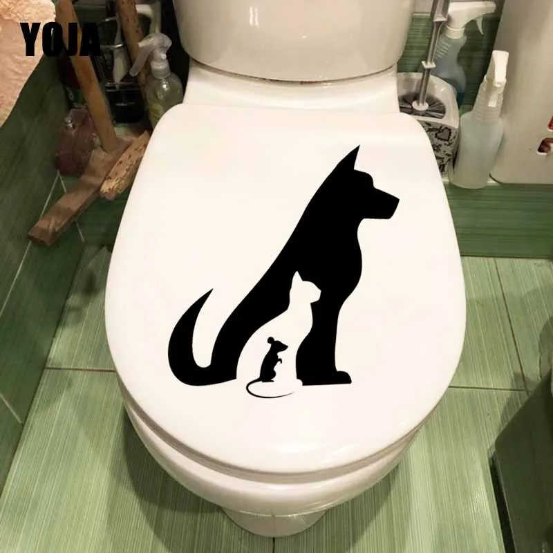YOJA 23.3X24.3CM Pets Dog Cat Mouse Animals Funny Toilet Stickers Wall Decal Home Decor T5-0087