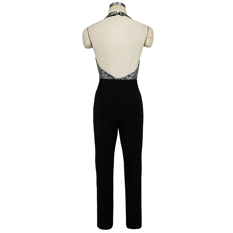 2019 New Summer Silver Sequins Jumpsuit Women Deep V Neck Backless Elegant Sexy Sleeveless Club Romper Long Playsuit Overalls