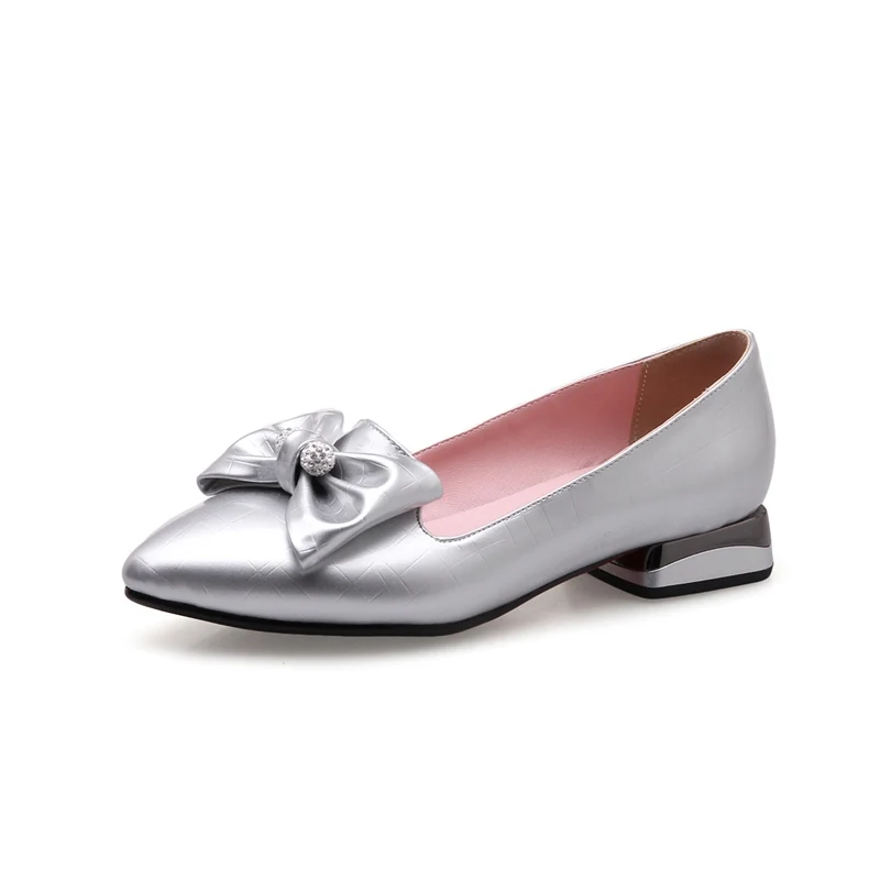 MEMUNIA/Большие размеры 34-43, новые модные женские туфли-лодочки на низком каблуке весенне-летние модельные туфли с острым носком и бантом женская модная обувь - Цвет: Серебристый