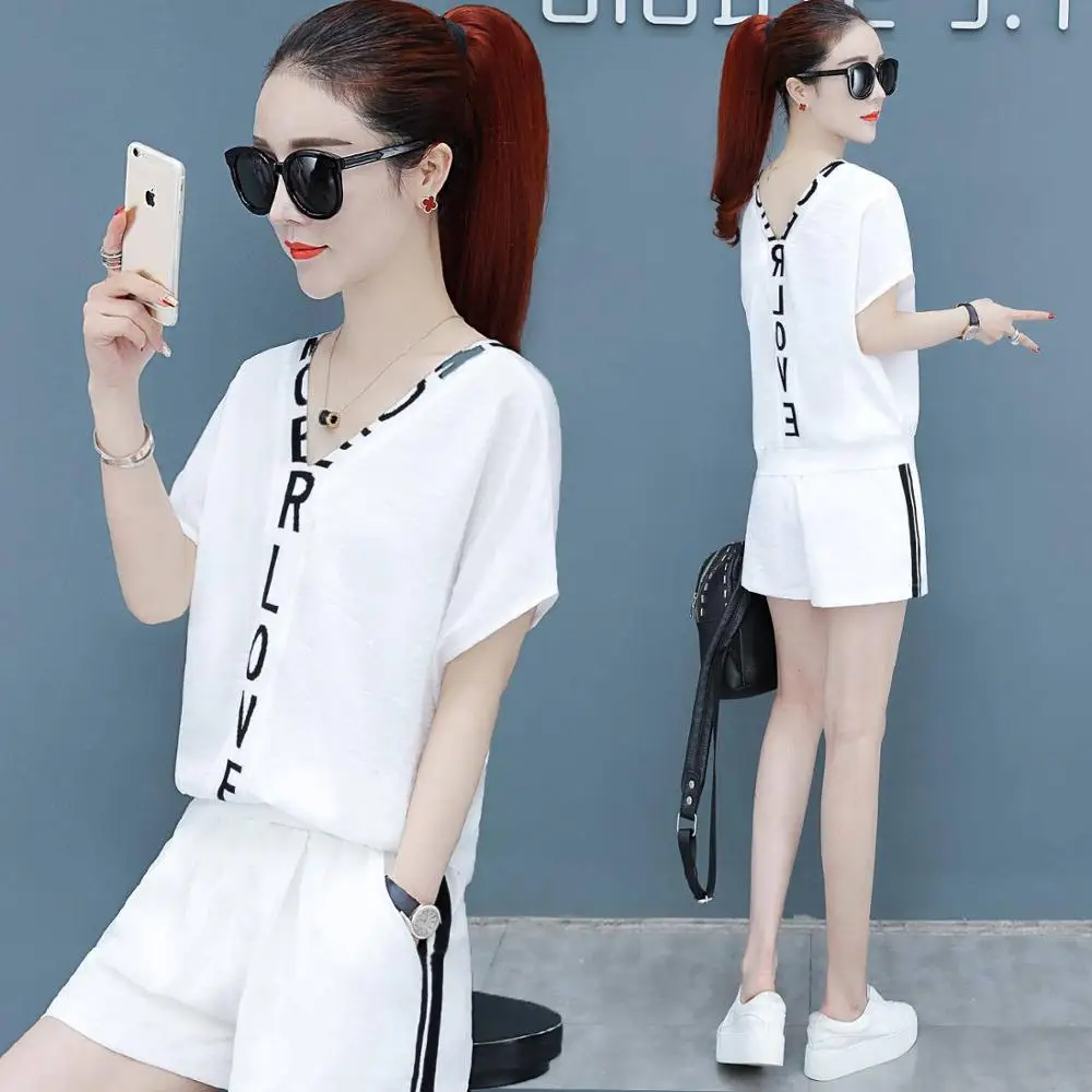 white 1 Комплект из 2 предметов с буквенным принтом, спортивный костюм, женский топ с v-образным вырезом и короткие штаны, повседневная одежда, спортивные костюмы, толстовка из двух предметов - Цвет: white 1