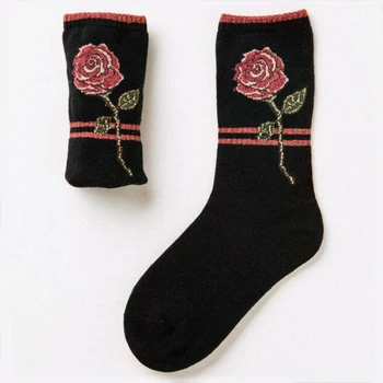 

Lady New Fashion Lurex Rose Solid Cotton Sock Women Autumn Winter Warm Soft High Quality Socks Black Kakki Colors 2 StripesSocks