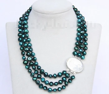 

FREE shipping> >>>Baroque 16"-18" 3row 9mm dark green pearls necklace seashell clasp j10094