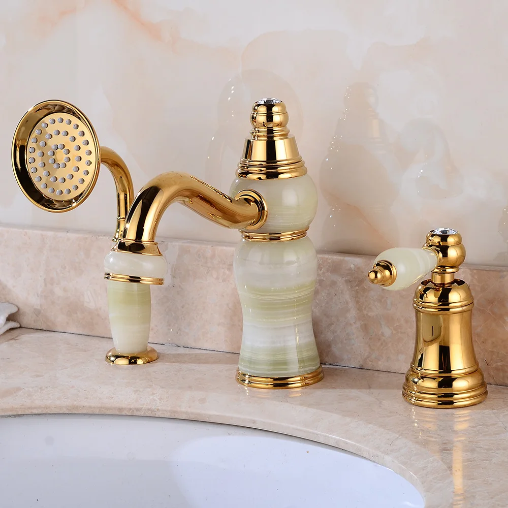 

Bathtub Faucet Brass and Jade Gold Deck Bathroom Sink Faucet Set 3 PCS Ceramic Diamond Handheld Shower Washroom Basin Mixer Taps