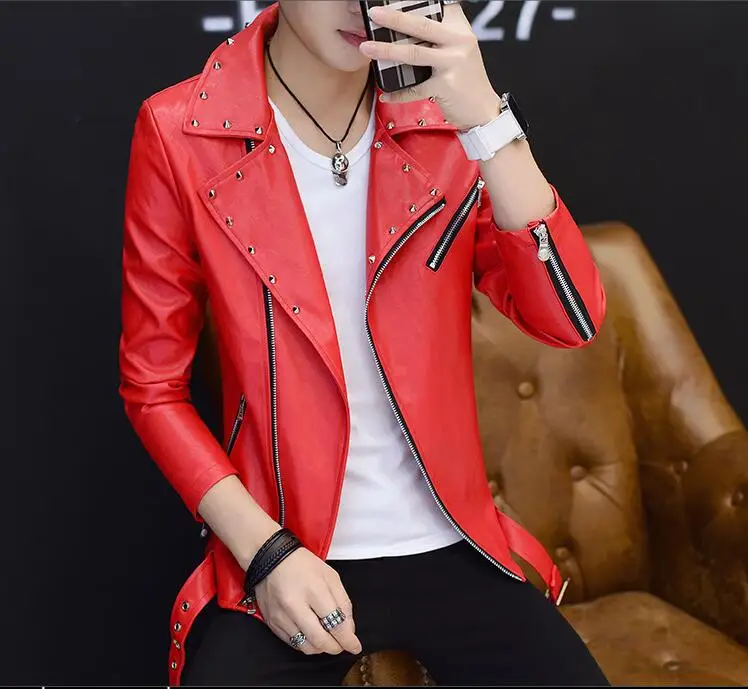 

Spring Autumn Men's PU Leather Jacket White Red Rivet Zipper slim Tide Coat Punk style stage Clothing Jazz personality Costumes
